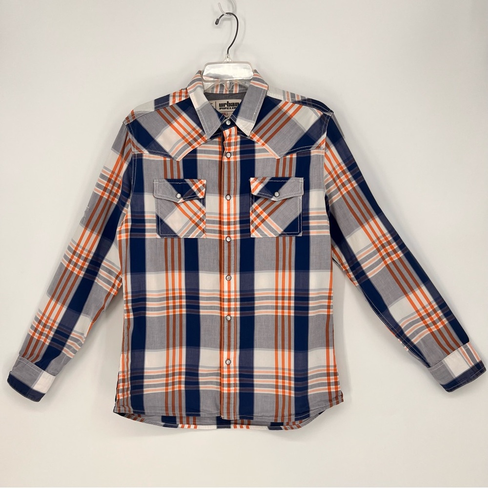 Urban Pipeline Men's Shirt Small Plaid Snap Roll-Tab Long Sleeve Blue/Orange